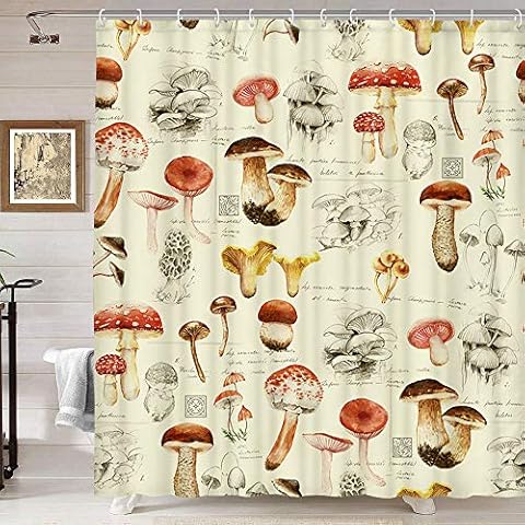 DYNH Mushroom Shower Curtain, Retro Mushrooms Natural Garden Plant Pattern Psychedelic Mushroom Shower Curtain for Bathroom, Washable Durable Polyester Fabric Bathroom Curtain, 69X70IN Cover