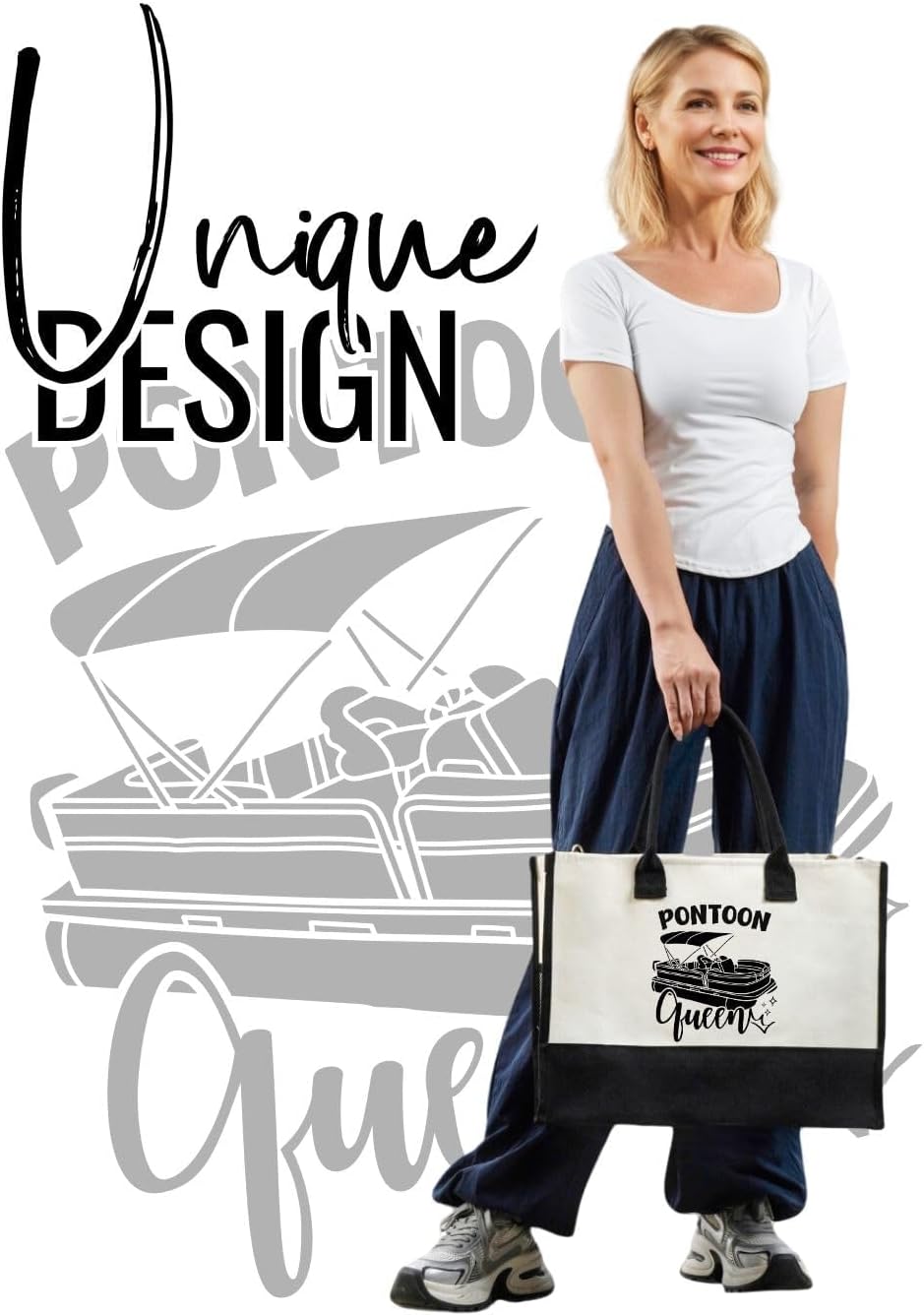 InnoBeta Pontoon Boat Gifts for Owners & Lovers, Pontoon Queen Gifts for Women, Canvas Tote Bag with Top Zipper Closure and Shoulder Strap for Birthday, Mother's Day, Christmas