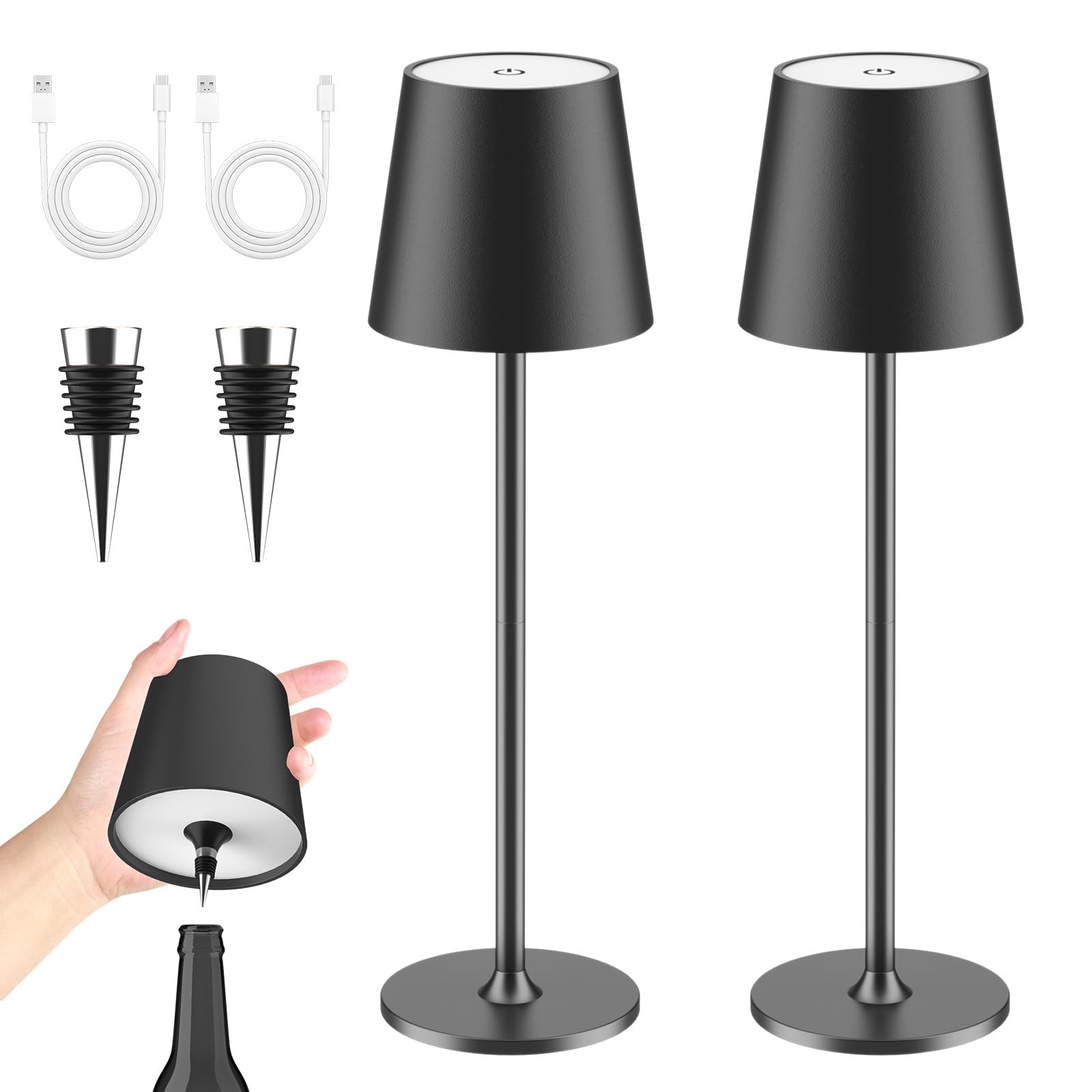 LUCKEA Lampara de Mesa LED Inalámbrica 2 Piezas Lámpara de Mesa bateria Recargable con Tapón de Vino y USB-C, Lamparas Mesita Regulable para Restaurante, Dormitorio, Camping, Salon, Negro