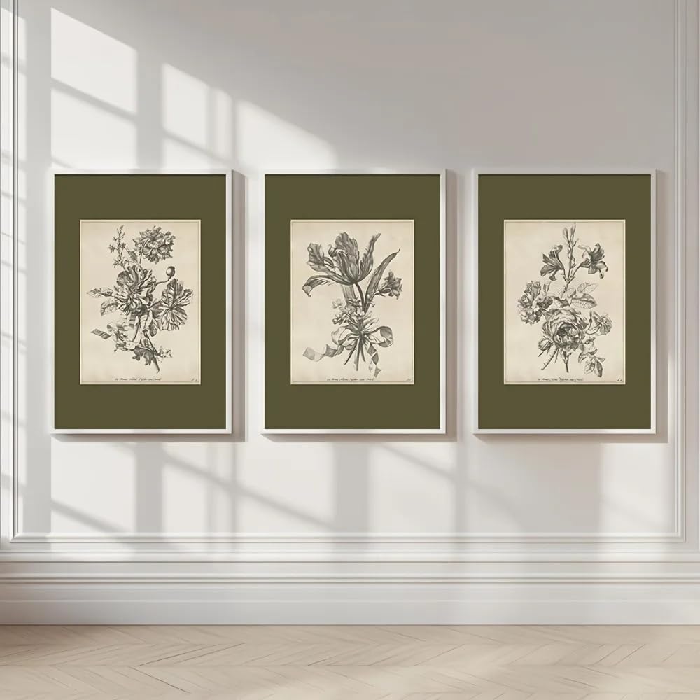 GOSRD Canvas Prints Bohemian Green Flower Retro Wall Poster Simple Plant Country Living Room Bedroom Decoration(50x75cm-3Pcs)