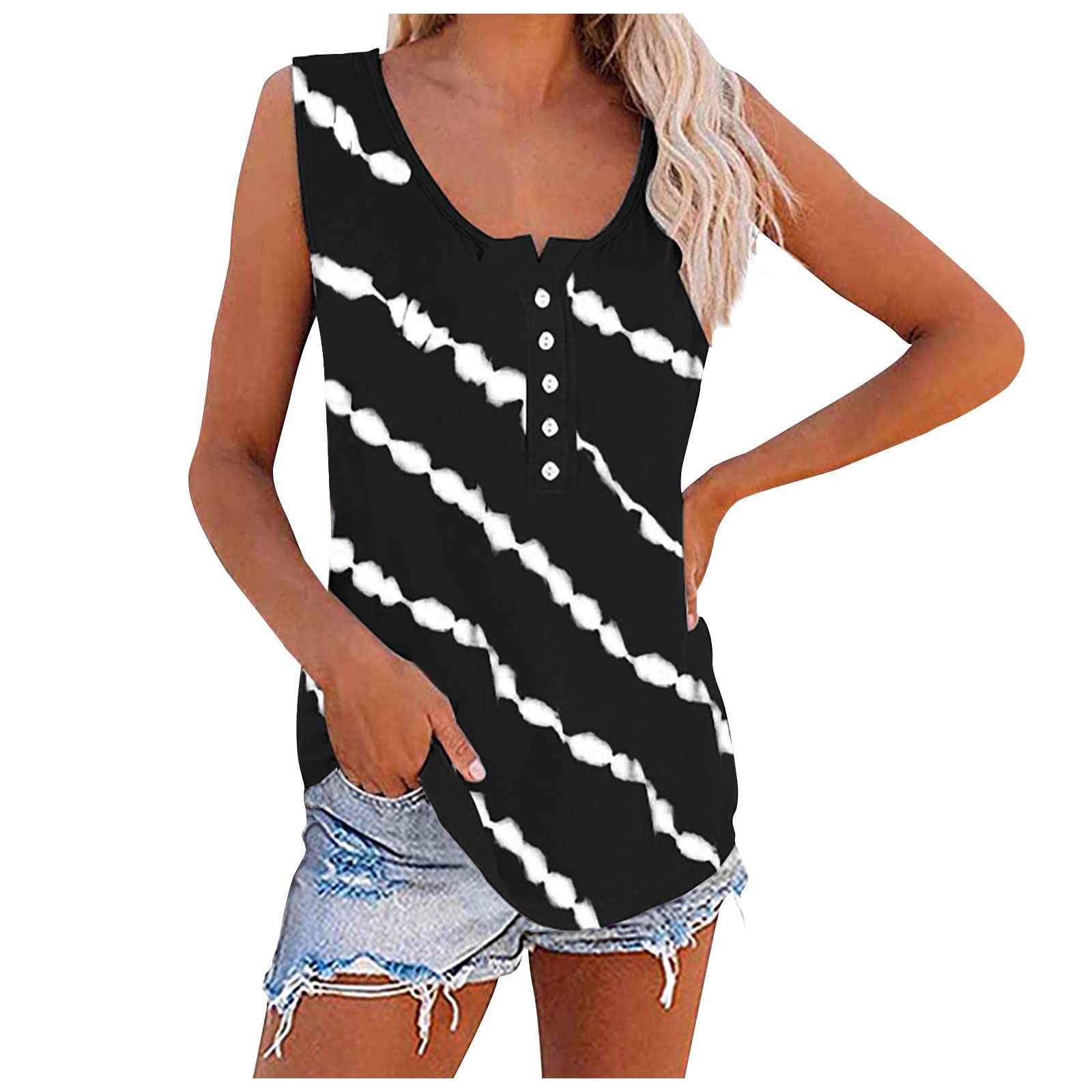 HAOLEI Tallas Grandes Camiseta Tirantes Mujer Verano 2024,Chaleco Mujer Sin Mangas Casual Camisetas de Cuello en Redondo con Botones Holgada Camisa con Rayas de Sarga Moda Multicolor Tops