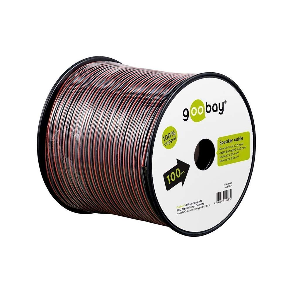 Goobay 15085 Lautsprecherkabel 2x2,5mm² Kupfer Litze / Boxenkabel Audio Kabel Meterware / Speaker Cable Kupferkabel / Subwoofer Kabel / Rot Schwarz / 100m