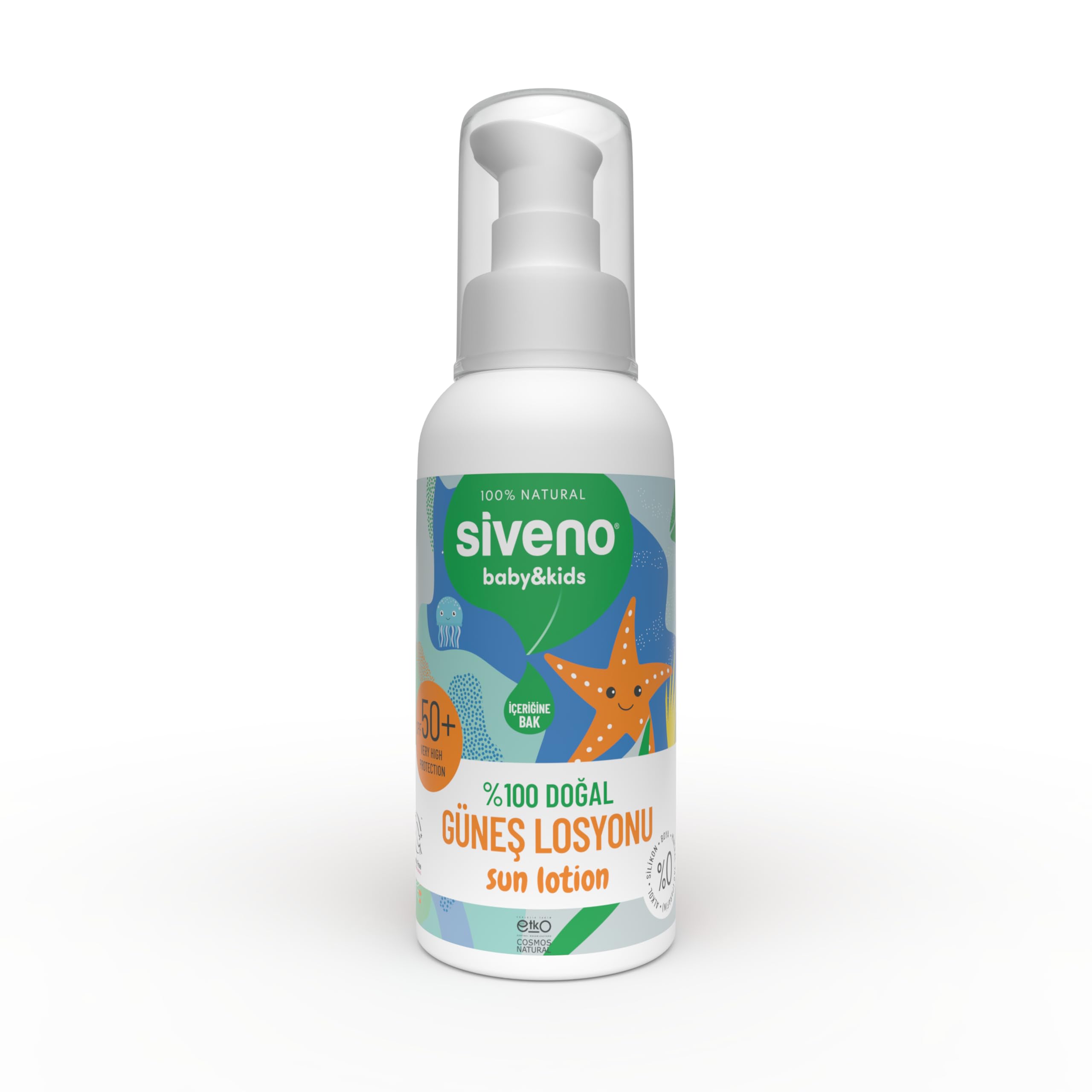 Siveno%100 Doğal Çocuk Güneş Losyonu Leke Karşıtı Nemlendirici Bitkisel Vegan UVA UVB SPF 50+ 100 ml