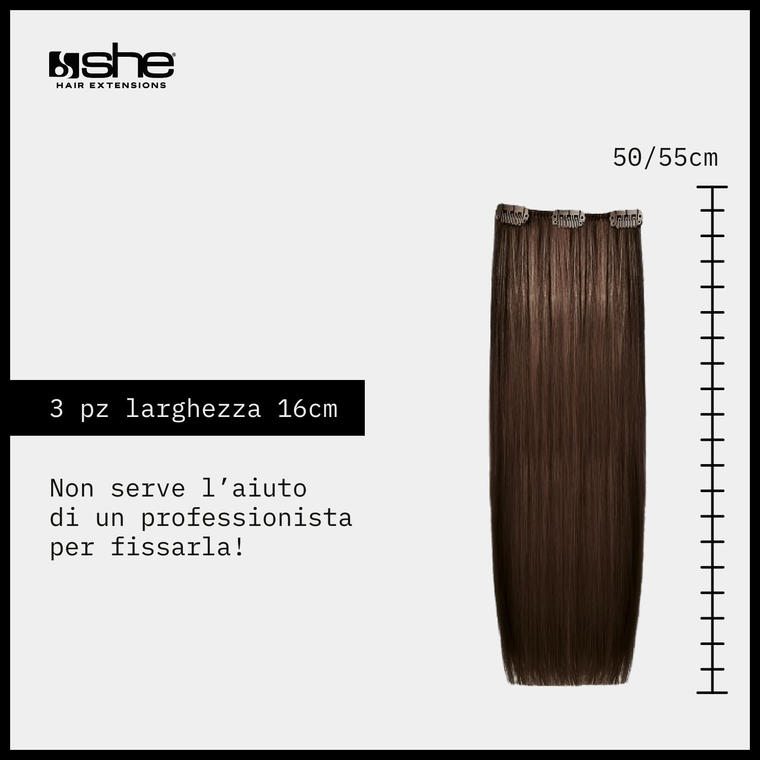 She Easy20 Extension 100% Made in Italy, Applicazione Veloce e Facile a Clip - Set da 3 Pezzi Capelli Veri Lisci - Castano Scuro