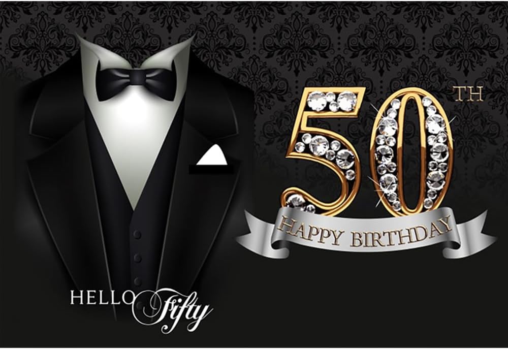 10x8ft Happy 50th Birthday Photography Backdrop for Man 50th Birthday Decorations Necktie Suit Tuxedo Backdrop Background Man Gentleman Father Party Supplies Decor Photo Portrait Studio Props