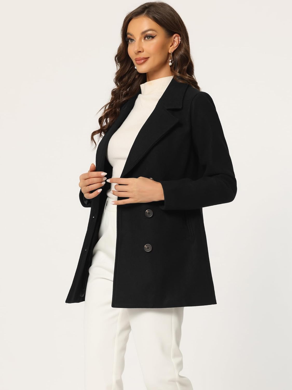 Allegra K Women's Winter Coats Long Sleeve Lapel Mid-thigh Outerwear Double Breasted Pea Coat - Image 4