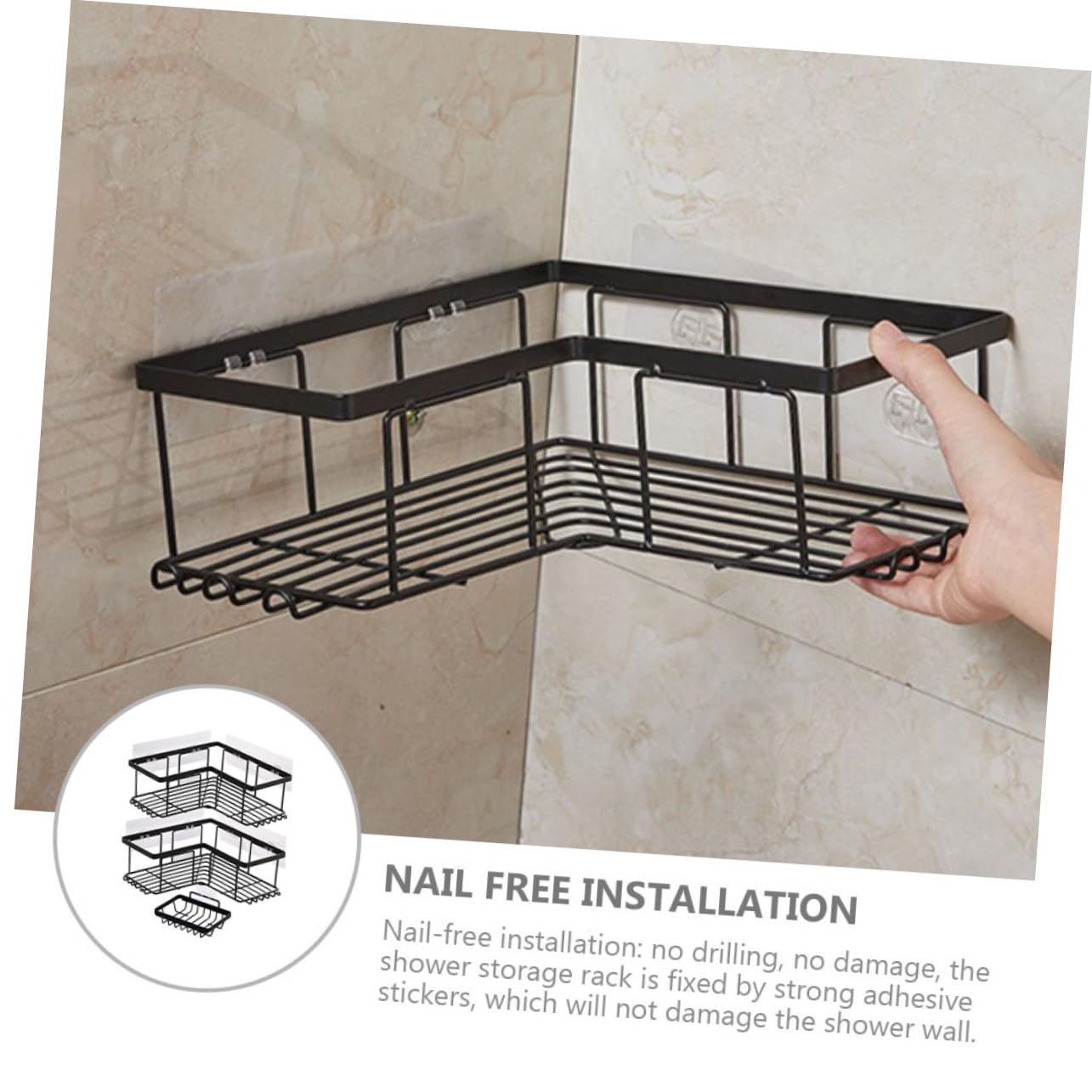 Cabilock Organizador de Ducha de Esquina Negro 1 Juego Acero al Carbono | Montaje sin Herramientas Adhesivos, Estructura en L, Almacenamiento Multipropósito para Baño