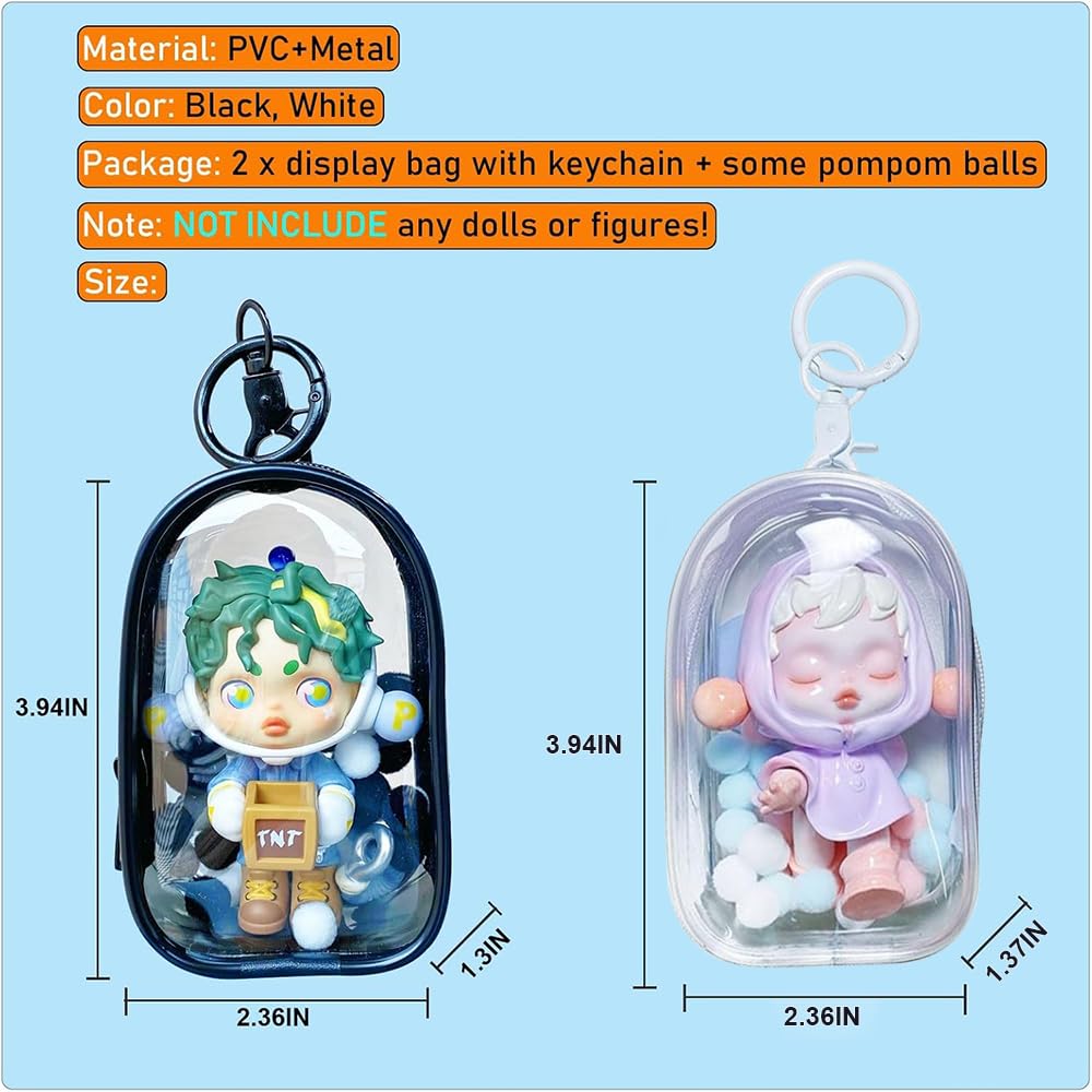 2pcs Clear Figure Display Bag with Keychain, Clear Pouch Blind Box Display Bag, Mystery Box Mini Figures Carrying Case Keychain Charms for Collectors (Black+White)