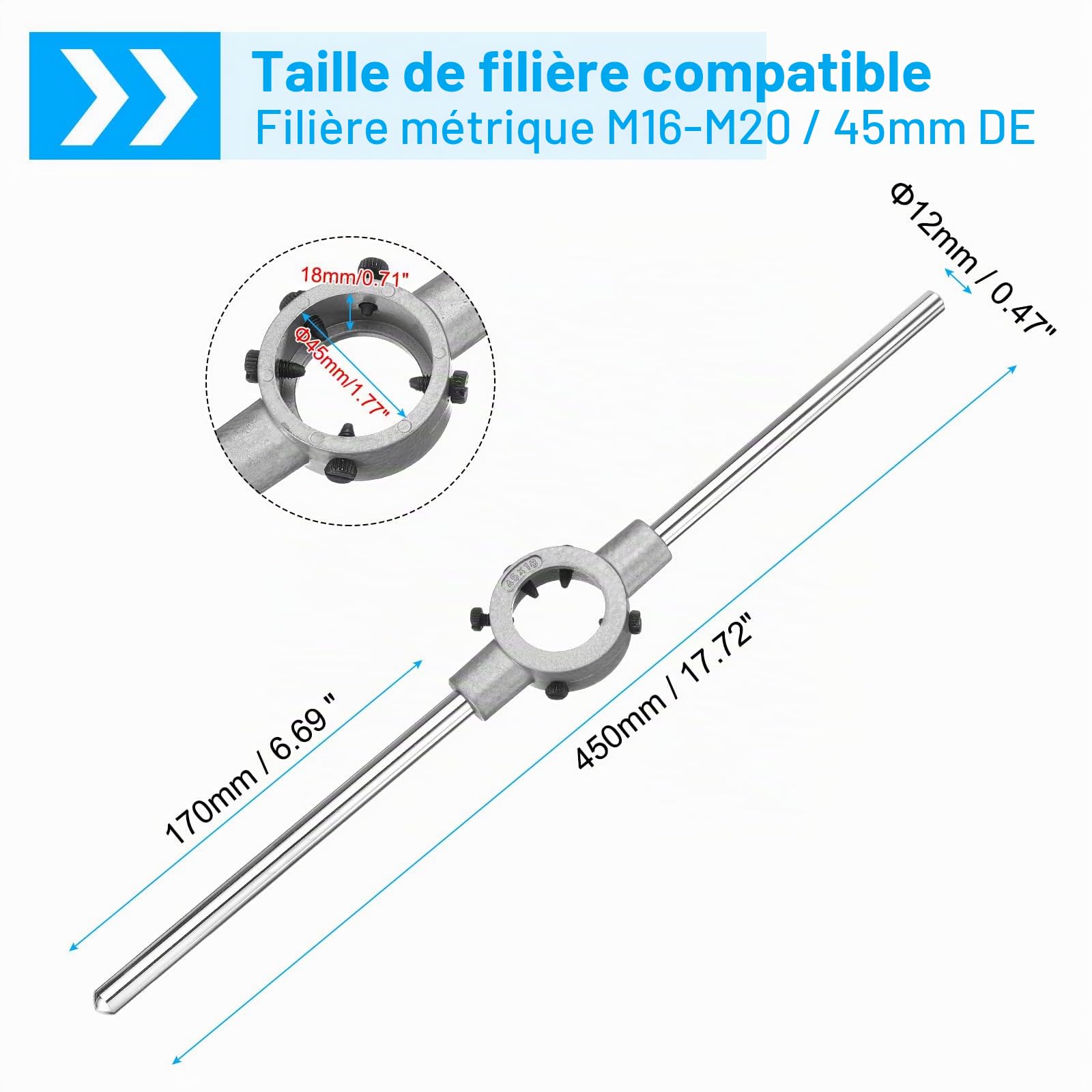 QUARKZMAN 45mm x 18mm Porte-Filière Pour Filières Métriques M16-M20 / Filières Rondes de 45mm DE, Porte-Filière Réglable Outil à Main Pour Réparation de Filetages