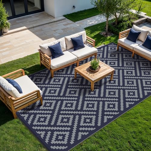 Image of GENIMO Outdoor Rug, Waterproof Plastic Rugs 10'x14' for Camping Blue Grey