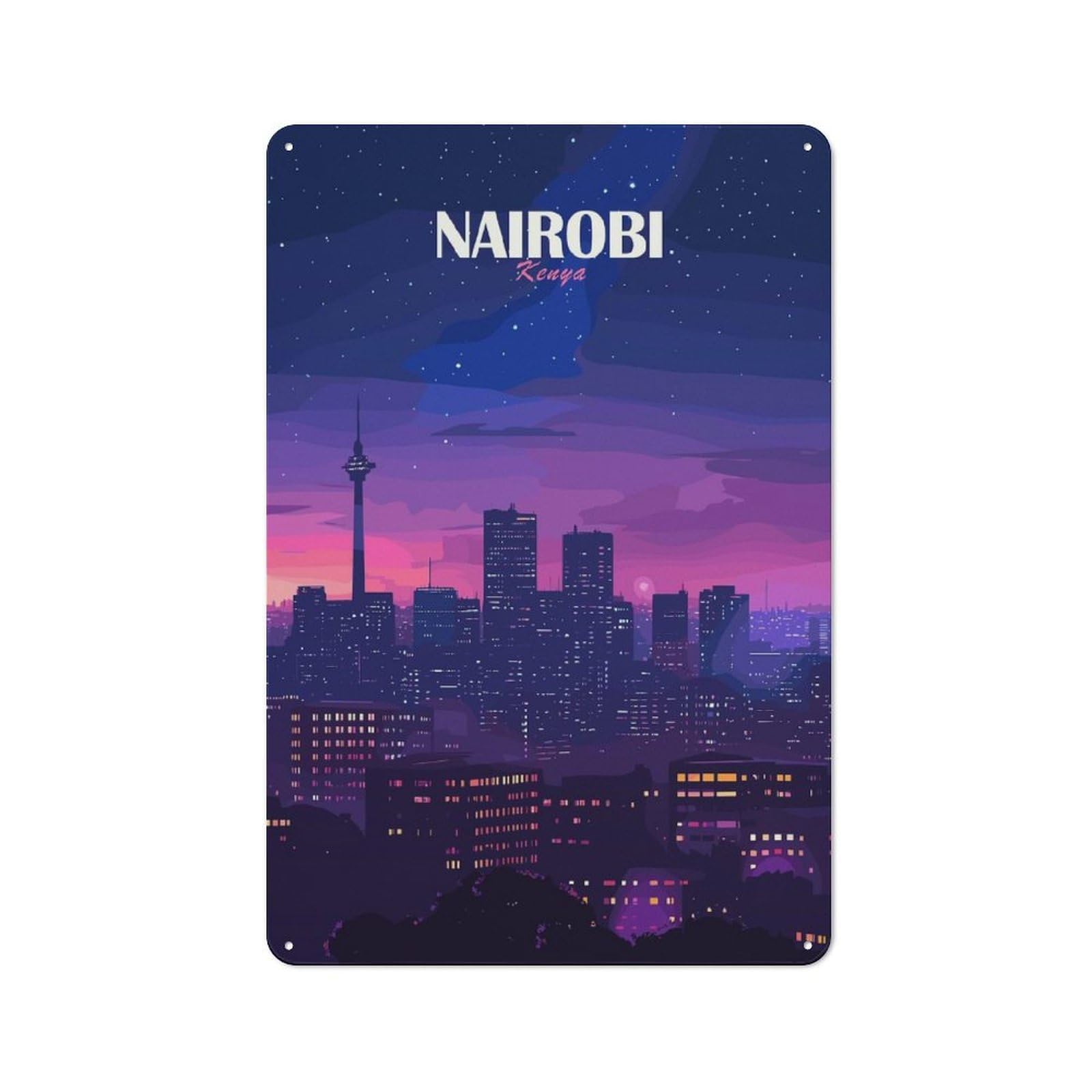 Junmoney Style-10 Urban Metal Wall Art Sign 30X20cm Featuring Nairobi, Kenya Cityscape At Night, Urban Room Decor For Modern Home, Workshop, Office Or Cafe