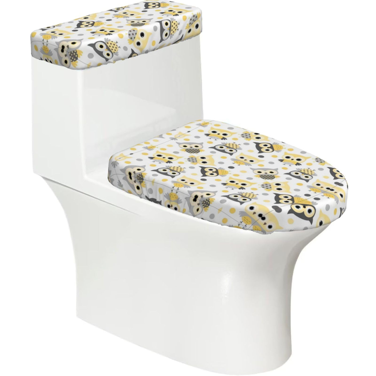 Animal Cartoon Owls Cute 2-Piece Toilet Seat Cover Set with Tank Lid - Elastic for U-Shape & Elongated - Bathroom Decor