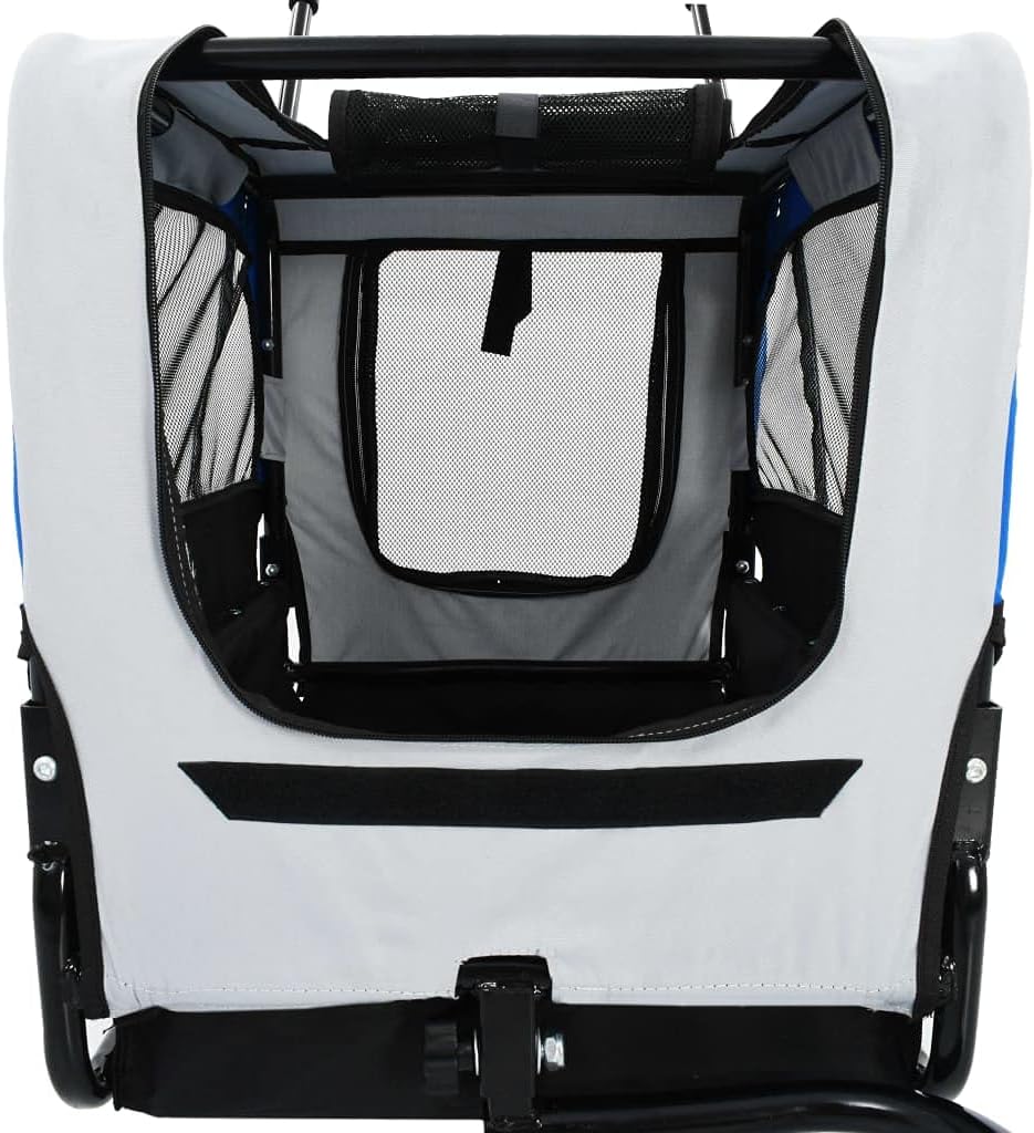Dog Bike Trailer with Rain Cover for Medium and Large Dogs, Bike Pet Trailer with a Safety Flag, Folding Frame Carrier, Universal Bicycle Coupler, Gray and Blue