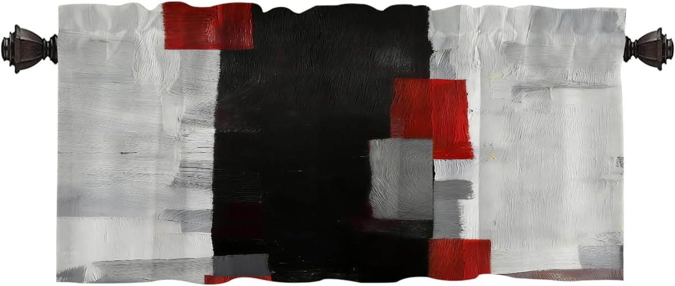 Batmerry Art Modern Abstract Window Curtain, Red and Grey Black Abstract Art Painting Kitchen Valances for Bedroom Heat Insulated for Decor 52X18 Inch