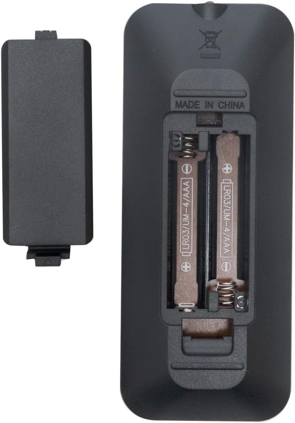 Back of the AULCMEET AKB74935611 remote control with the battery cover removed, showing two AAA battery slots.