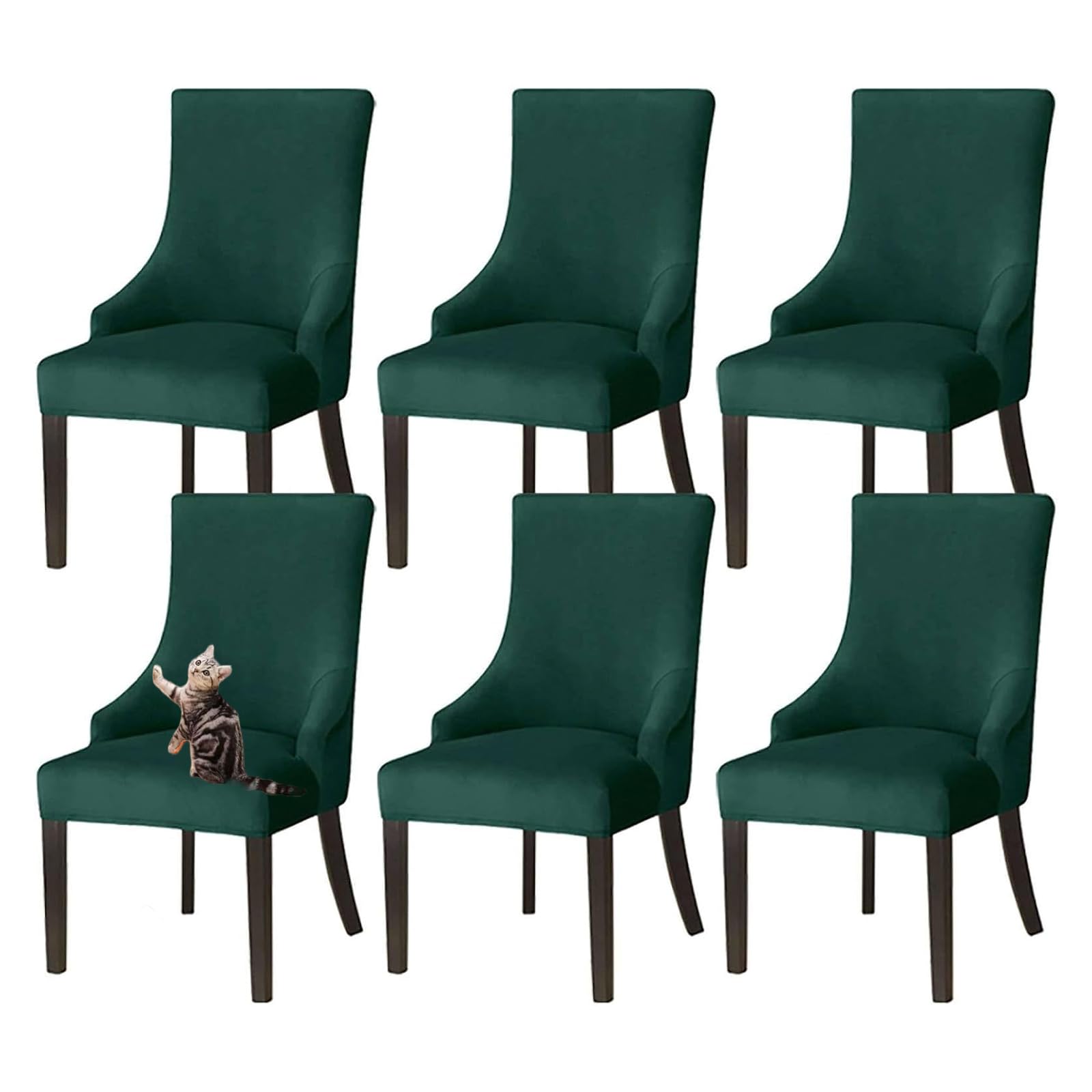 GUYIRT Velvet Wingback Dining Chair Covers, Stretch Wingback Side Chair Slipcover Washable Sloping Armchair Cover for Kitchen Banquet (green,set of 6)