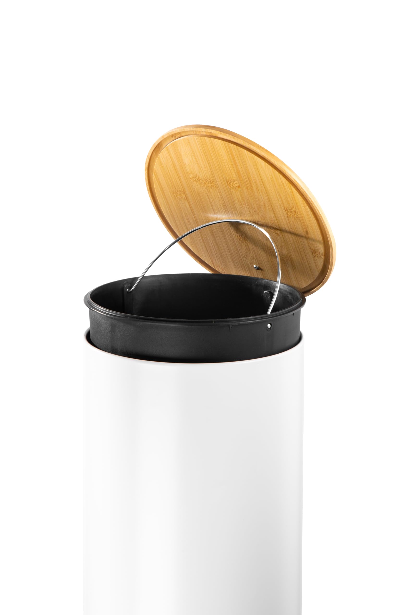 ECHTWERK cubo de pedal Skandi Look, cubo de basura, cubo de desperdicios, cuerpo robusto de hierro con tapa de bambú, función de cierre suave, blanco, capacidad 30 litros