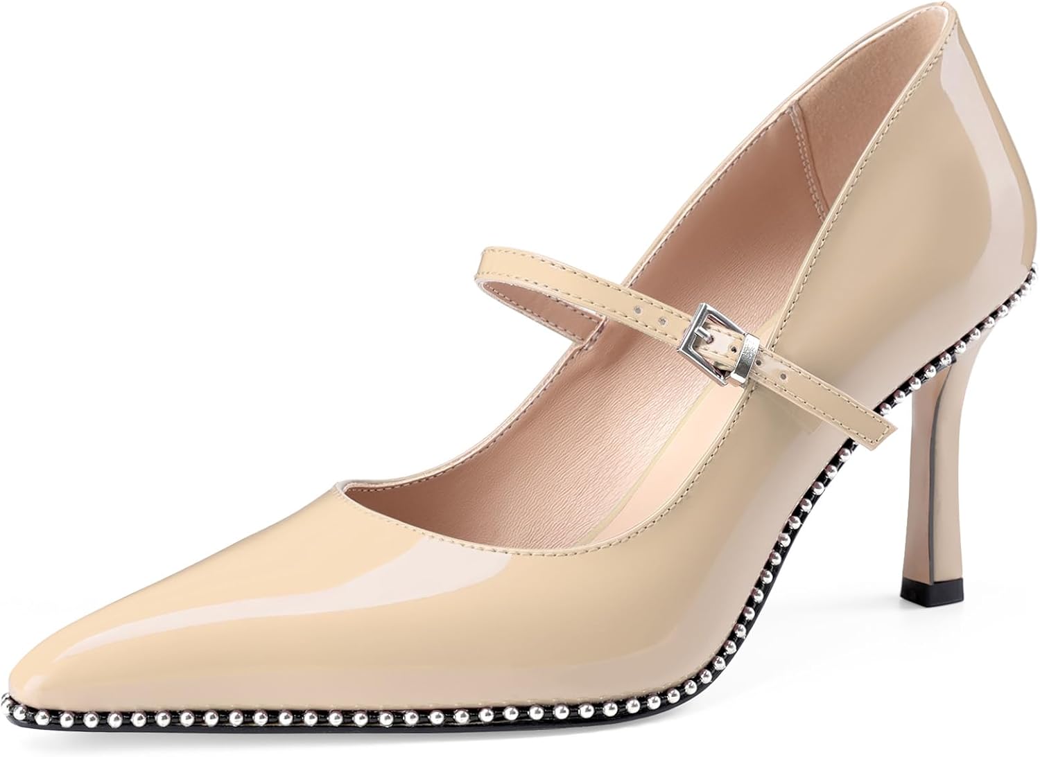 Oh Mispares Women's High Heel Beaded Pumps Stiletto High Heels Pointed Toe Mary Jane Pumps Slip On Sexy Heeled Dress Shoes with Buckle Strap Patent Leather 3.5 Inch