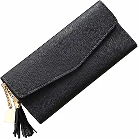 Carteira Feminina Grande Estilo Envelope com Zíper, Pingente Coração e Borla, Porta Cartões, Elegante e Moderna (Preto)