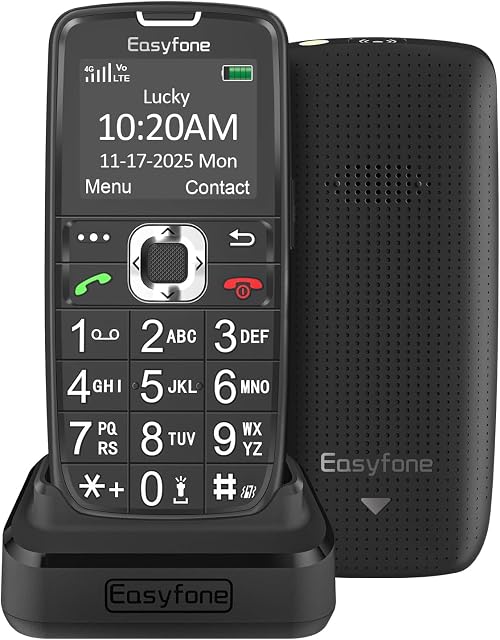 Easyfone Prime-A6 4G Fonctionnel déverrouillé Téléphone mobile, téléphone cellulaire de base facile à utiliser avec son grand bouton clair et dock de recharge, pas de caméra et aucun accès Internet