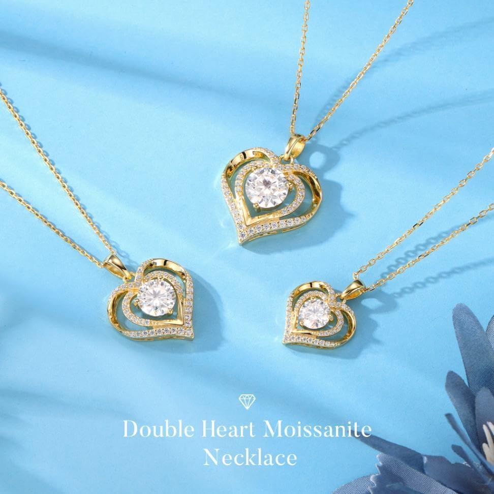 MOOSEA Necklace Gifts for Her - 925 Sterling Silver Double Heart Moissanite Necklace, 1-3 Carat Lab Created Moissanite Anniversary Birthday Gift for Women Wife Girlfriend Mom - Image 7