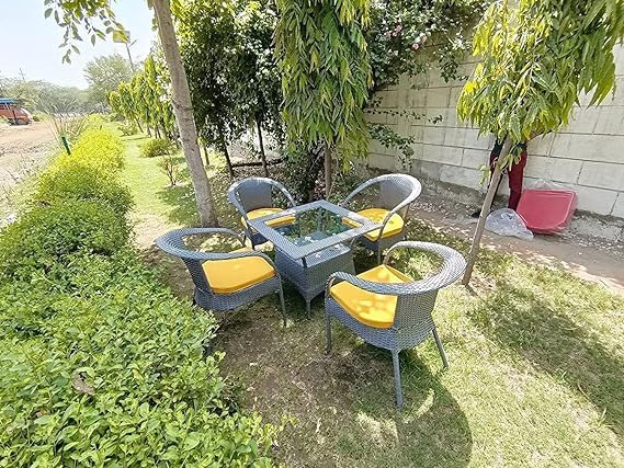 Image of India 4+1 Outdoor Indoor Patio Furniture Sets Rattan Chair Patio Set Lawn Chairs Balcony Rooftop Outdoor Garden Furniture Chair with Cushion (Black with White line & Yellow Cushion)