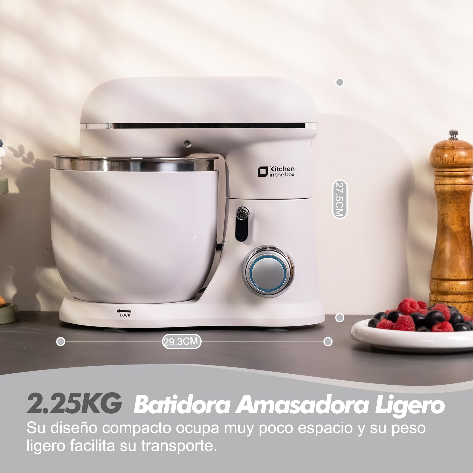 Kitchen in the box Batidora Amasadora, Pequeña Amasadora de Pan con 2 Boles de 3,5 L, 10 Velocidades, Robot de Cocina Ligero con Batidor, Gancho Amasador y Batidora Mezcladora (Blanco Glaciar)