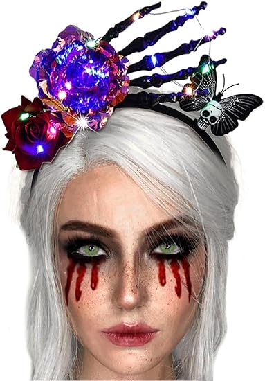 Light Up Halloween Flower Headbands LED Rose Hairbands Black Skeleton Hand Hair Hoop Skull Butterfly Headpieces Gothic Women Hair Accessories for Rave Costume Party