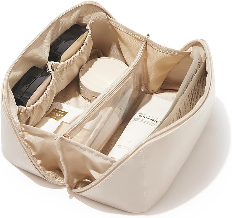 Travel Makeup Bag for Women, PU Leather Cosmetic Bag, White, Medium | Water-resistant PU leather exterior with flat-open access, clear TPU brush compartment and organized storage for cosmetics