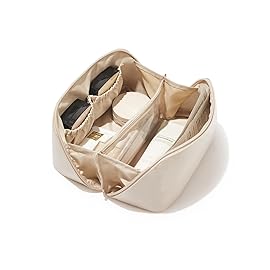 EACHY Travel Makeup Bag, Large Capacity Cosmetic Bags for Women, Waterproof Portable Open Flat Toiletry Bag Make up Bag with Divider and Handle, Christmas Gifts (White, Medium)