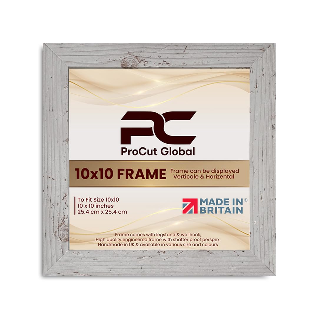 Procut Global 10X10 White Rustic Picture Frames - Modern Wooden Photo Frame with Shatterproof Perspex for Wall or Tabletop - Perfect for Posters, Certificates, Prints - Sizes & Colors Available