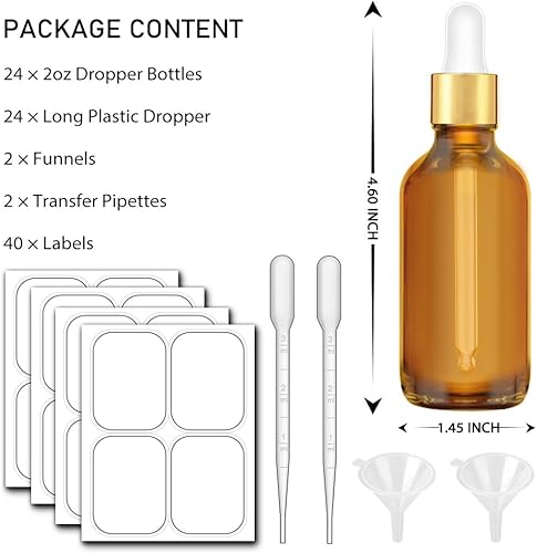 Miniatura 7 de Botella cuentagotas de 2 onzas, botellas de cristal ámbar con tapa superior dorada para aceites esenciales, paquete de 24 botellas de tintura con