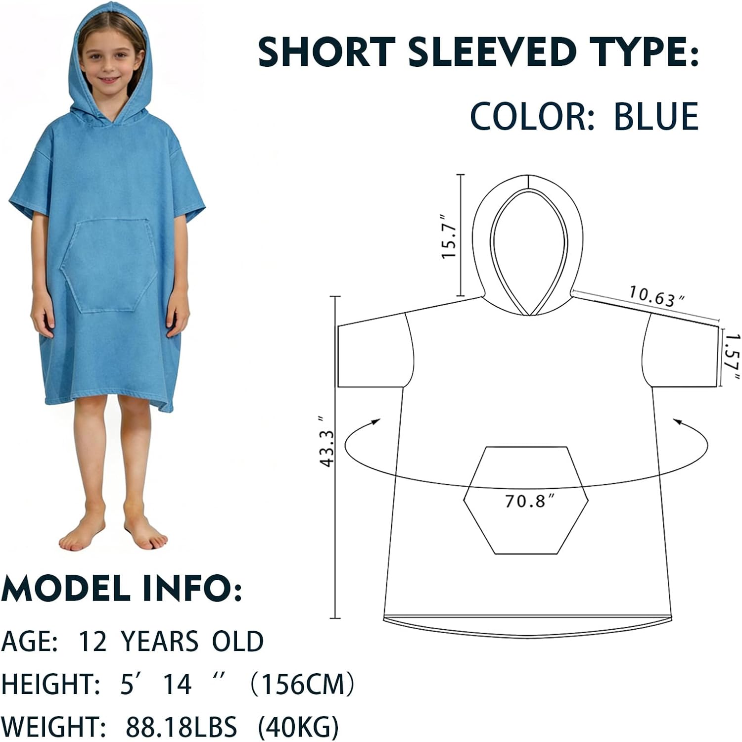 Kids Hooded Poncho Towels, Wearable, Absorbent Hooded Beach Towel for Girls and Boys Girls 7-14 Years Microfiber Bath Towel for Kids At The Drying Off After Swimming, Bath, Showers, Surfing