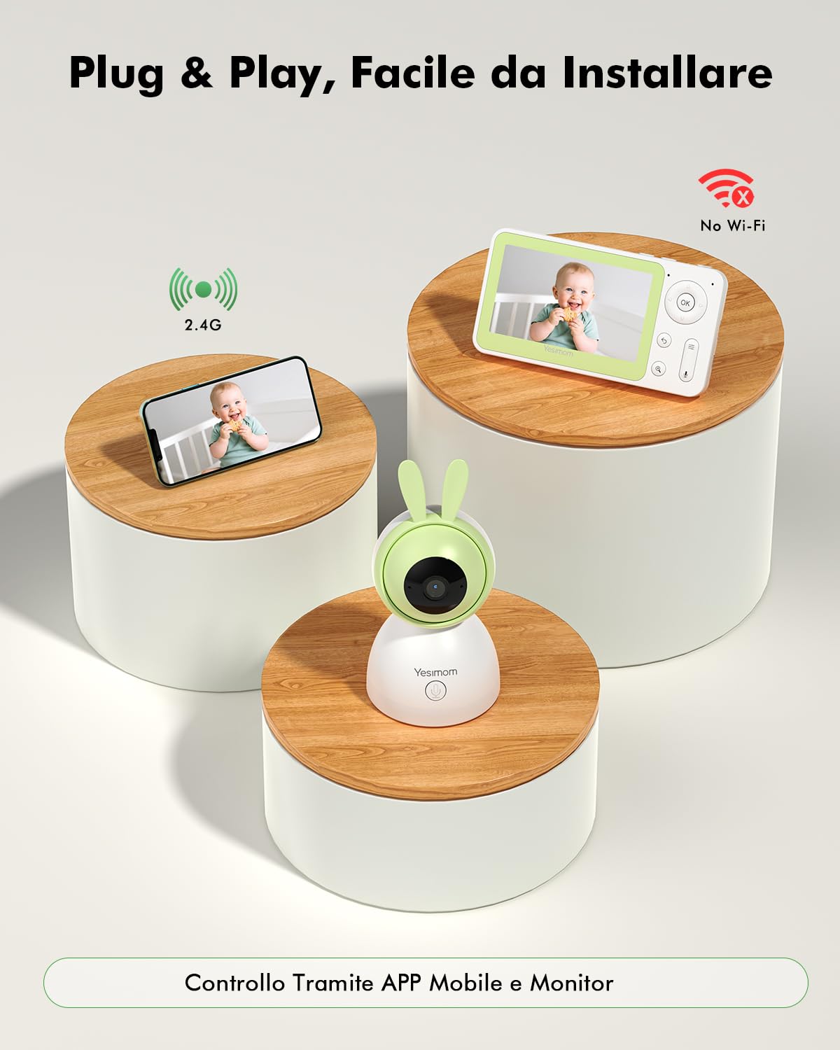 YESIMOM Baby Monitor, 360°PTZ 1080P Telecamera Wi-fi Interno per Bambini Videocamera Sorveglianza Interno per Neonato, Visione Notturna, Rilevamento Intelligente, Luce Notturna & Ninne Nanne