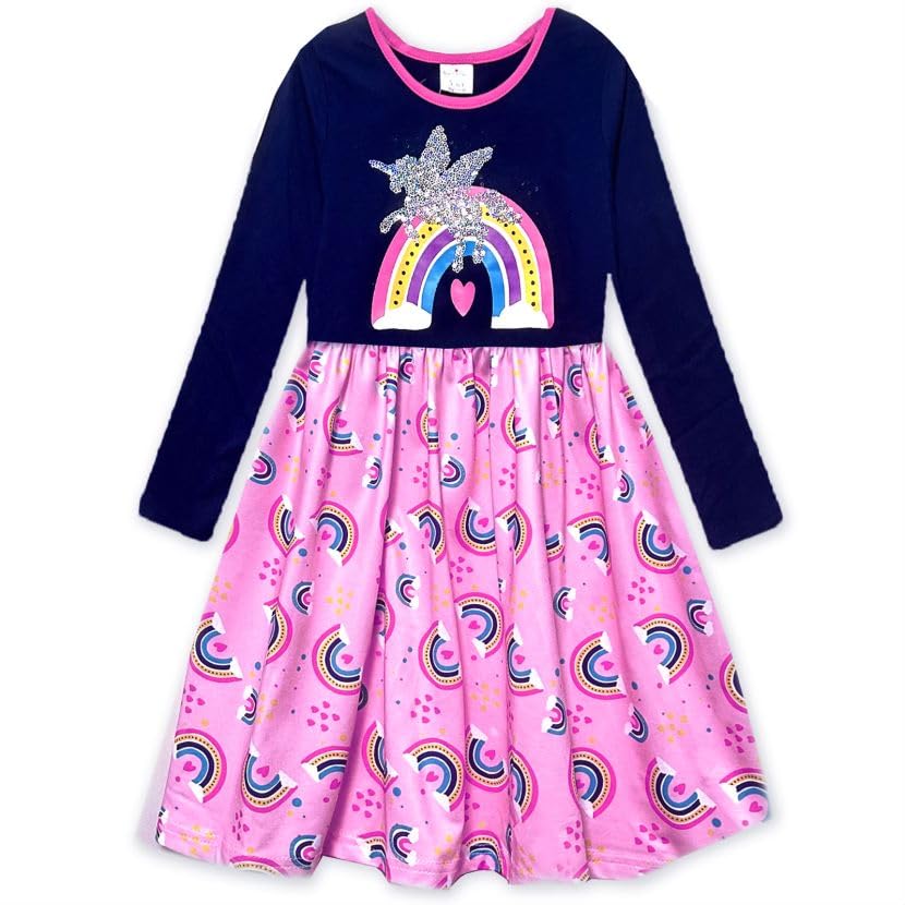 VIKITA Girls Dresses Pink Winter Clothes Sparkling Long Sleeve Outfits for Little Kids 2-12 Years Birthday Gifts