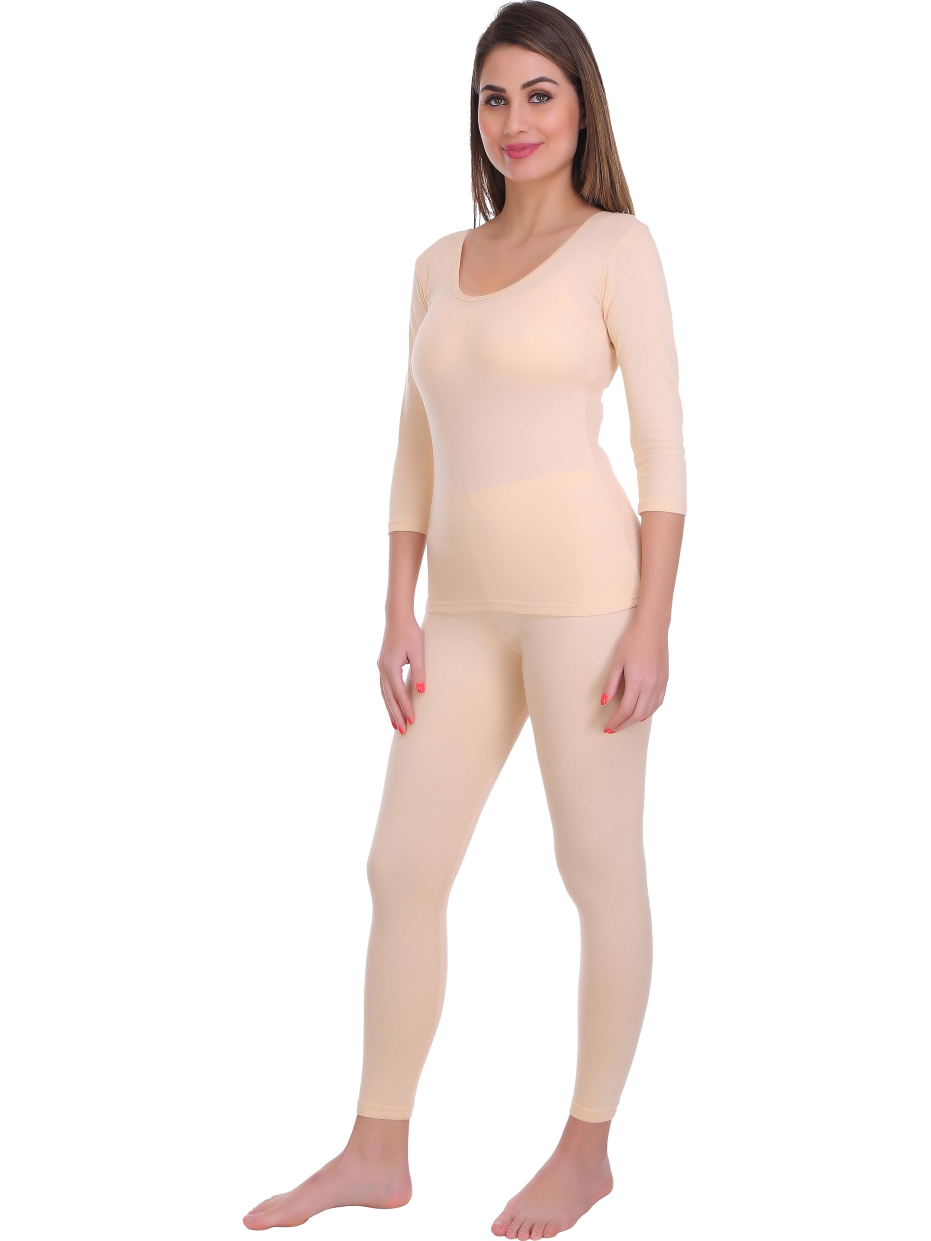 Selfcare Women Solid Cotton Blend Round Neck Beige Thermal Set (SW0557-L) - Image 4 thumbnail