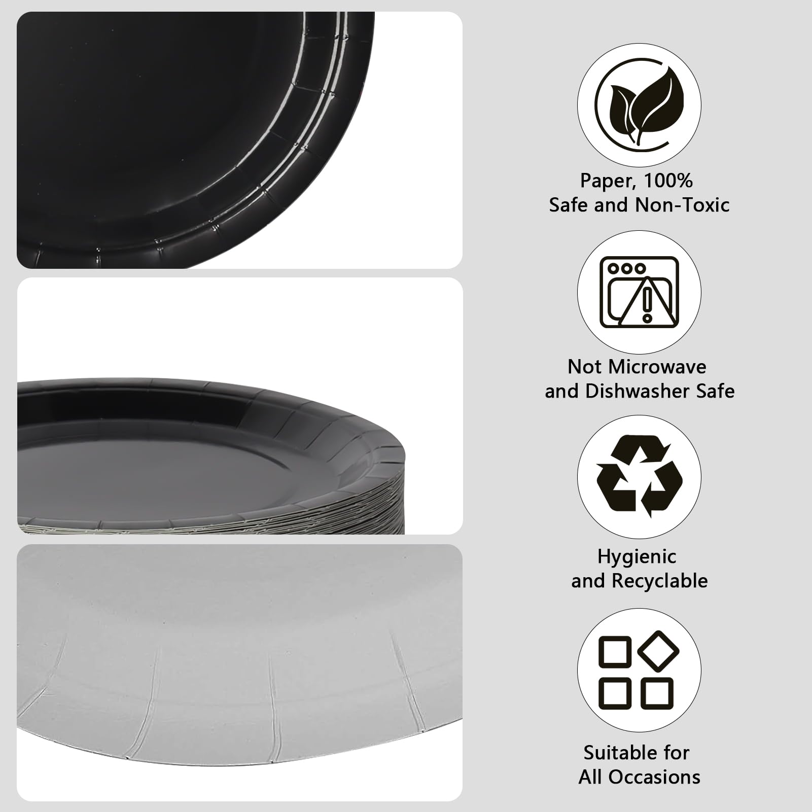 PYAILI Party Paper Plates, 50-Pack Disposable Black Plates, 23 Centimetres-9 Inch, 9 inches - Image 3