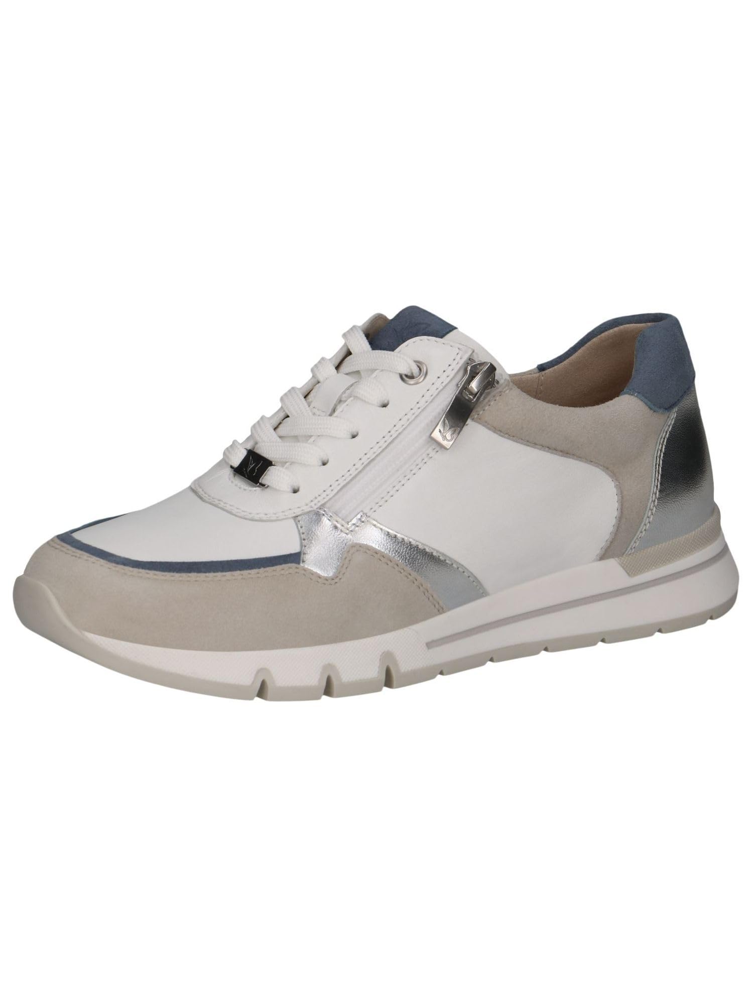 CAPRICE Comfort Women's Flat Leather Sneakers with Zipper, White (White/Silver), 3.5 UK