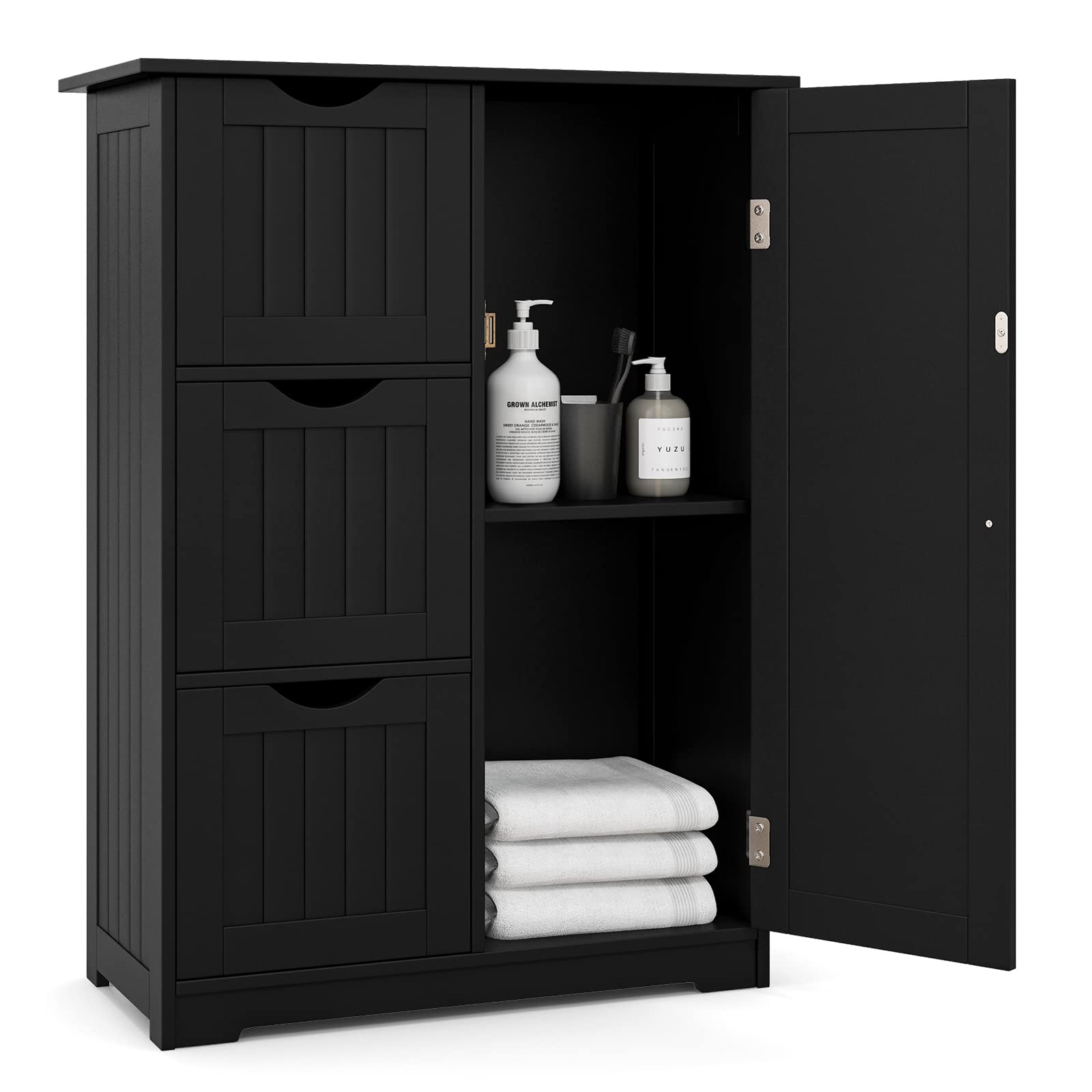 GOPLUS - Mueble de baño con 3 cajones, armario de almacenamiento con puerta magnética, antirrobos y estante ajustable, 58 x 28 x 81 cm, color negro