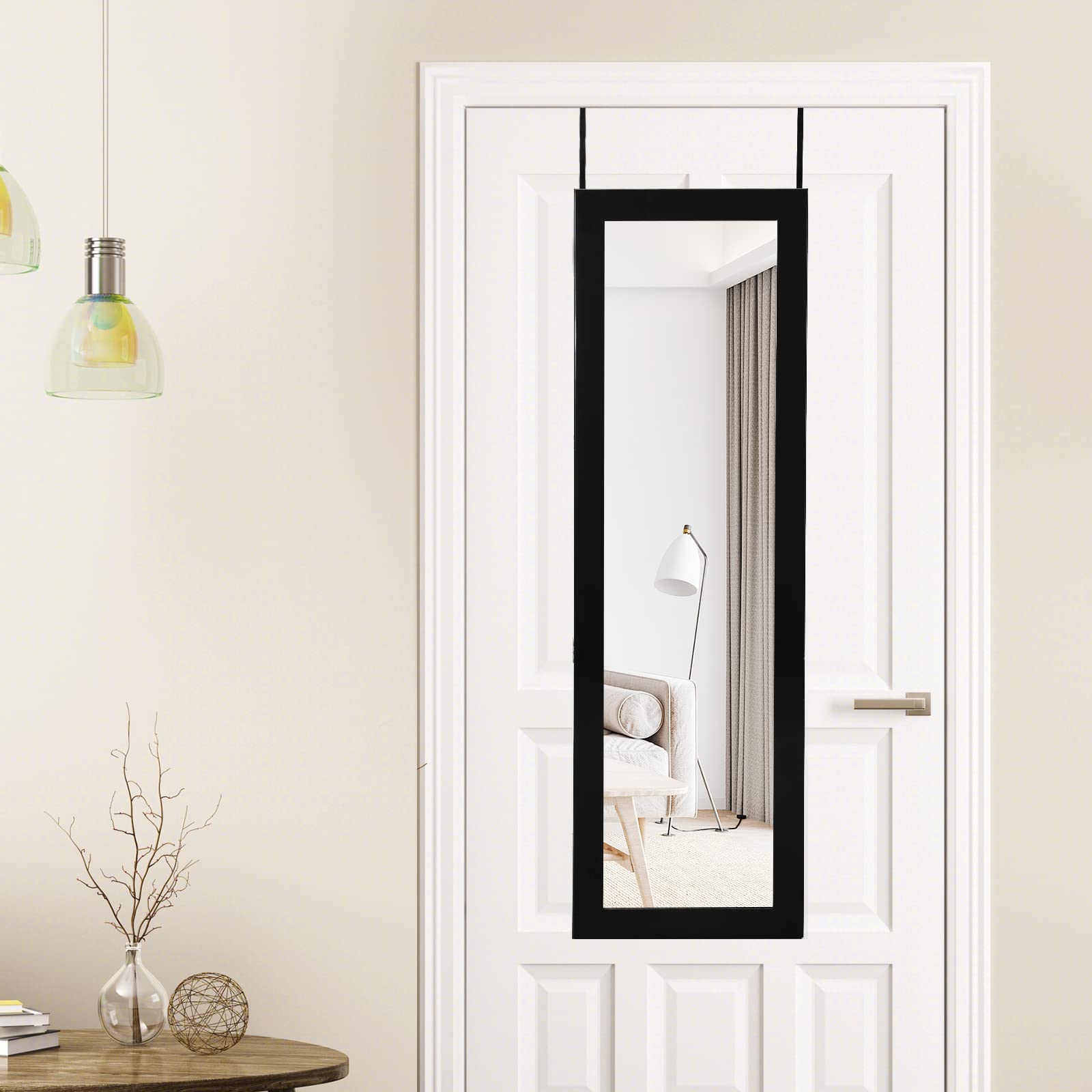 COSTWAY Armoire à Bijoux Murale avec Miroir 12 LED, Meuble de Rangement Verrouillable Pleine Longueur, Organisateur de Bijoux avec Étagères de Rangement, Style Scandinave, Noir