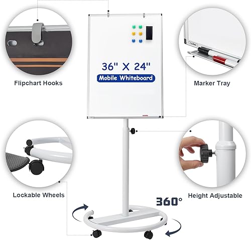 Miniatura 10 de Pizarra blanca móvil, 36 x 24 pulgadas, pizarra blanca portátil magnética sobre ruedas, altura ajustable de pie con soporte, pizarra blanca rodante