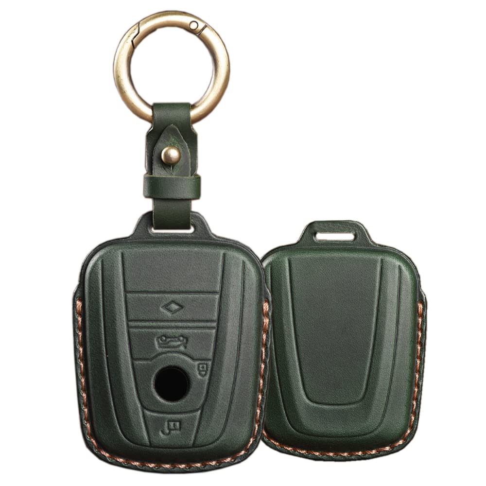 SANRILY for BMW I3 I8 Key Fob Cover 2014-2019 Keyless Entry Keychain Holder Full Protection Retro Hand-Made Leather Key Case Shell Dark Green