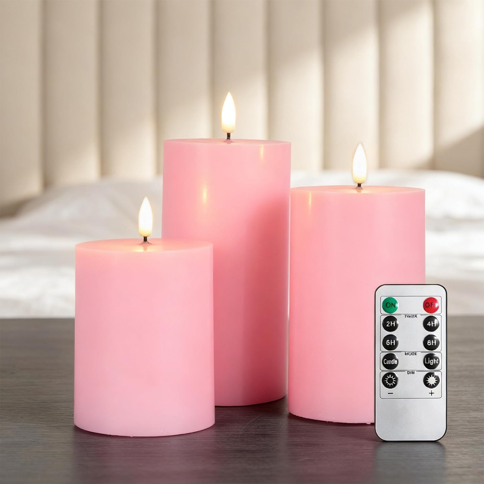 RanBluu 3 Pack LED Candles with Remote Control & 24 Hour Timer, Flameless Real Wax Pillars, Flickering Candles for Birthday/Party/Wedding, Pink
