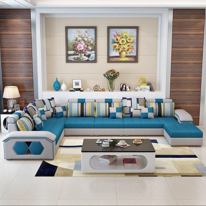 Image of Orions 12 Seater U Shape Sofa Set for Living Room (Aqua Blue & Light Grey) | Premium Fabric Sectional U Shaped Sofa with Ottomans & 4 Puffy