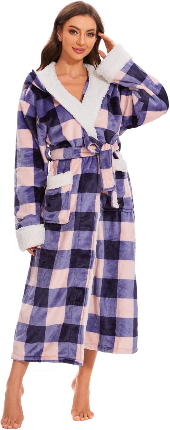 Plush Robes for Women, Hooded Bathrobe Long Fluffy, Womens Fuzzy Fleece Warm Soft Cozy Robe - Image 3