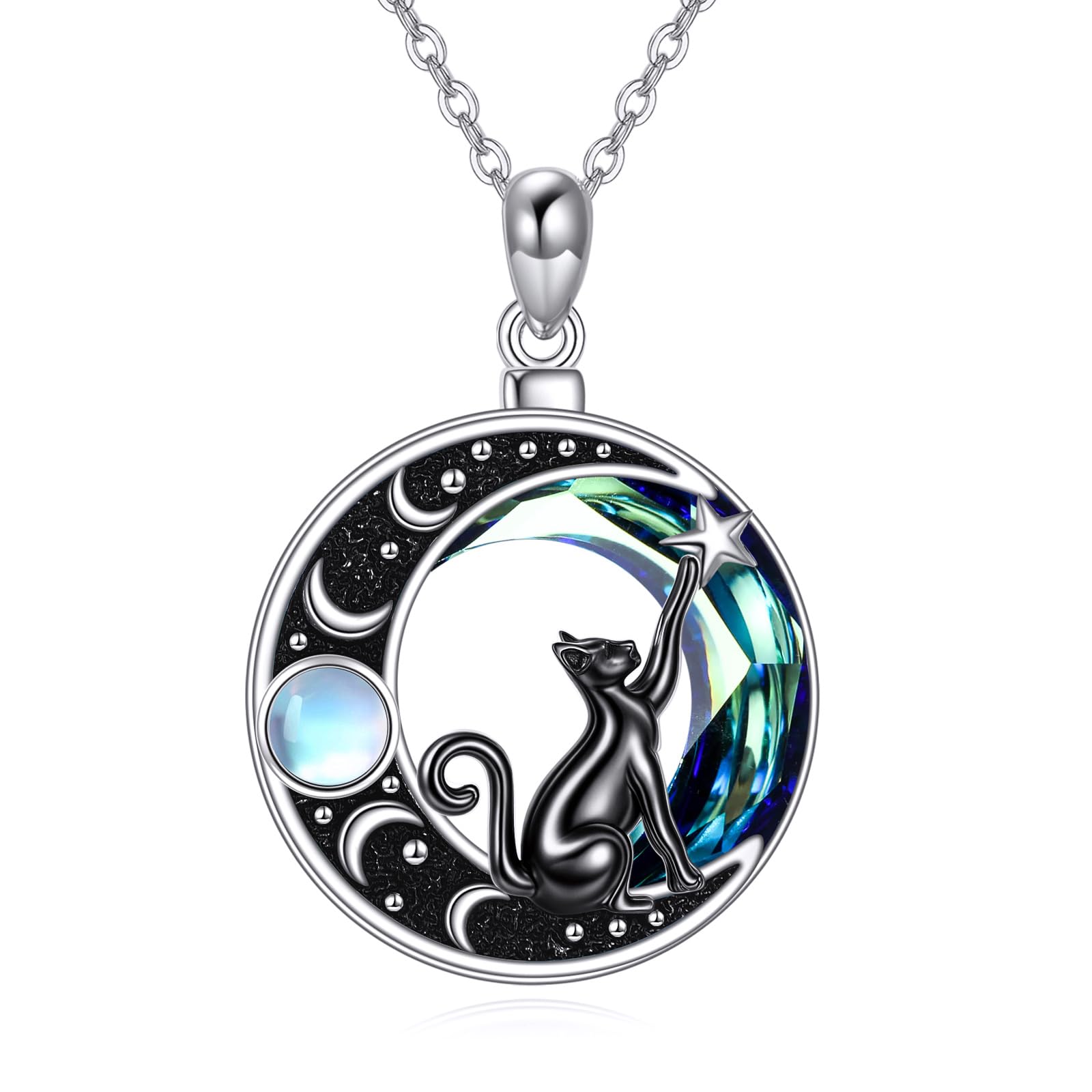 JERWLI Katzen-Halskette mit Mond 925er Sterlingsilber Katzen-Kristall-Halskette Mondstein-Schmuck Weihnachts- und Valentinstagsgeschenke für Frauen