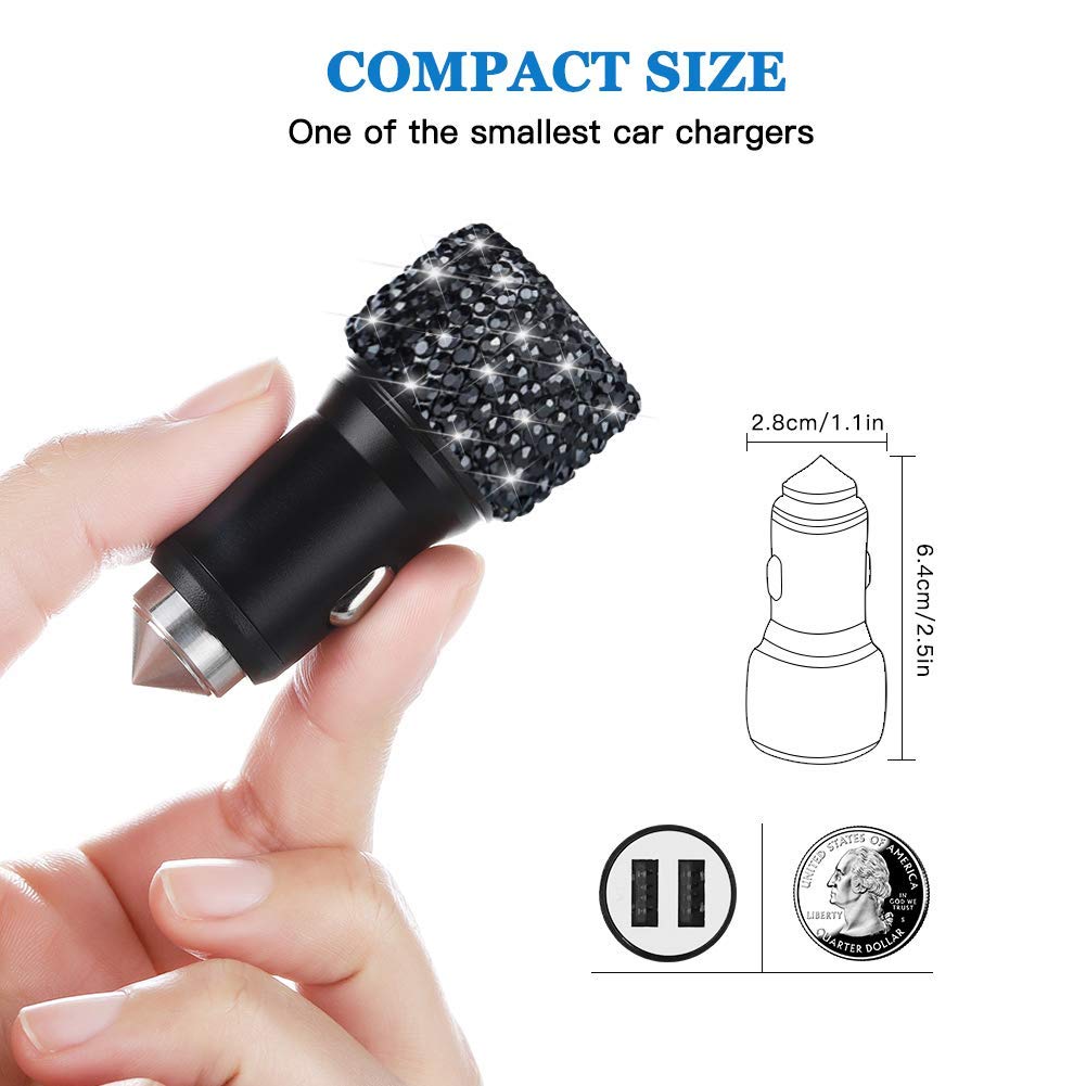 Cargador Dual USB para Coche, SAVORI Car Adapter Bling Bling Rhinestones Crystal Car Decorations for Fast Charging Car Decors for iPhone XS MAX X Plus, iPad Pro/Mini, Samsung