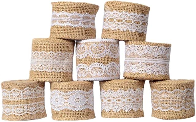 Burlap Ribbon Roll,9 Rolls Natural Burlap Ribbons Jute Hessian Wreath Jute Twine Linen with White Lace for Gift Wrap Crafts Handmade Wedding Party Decoration 5 * 100CM