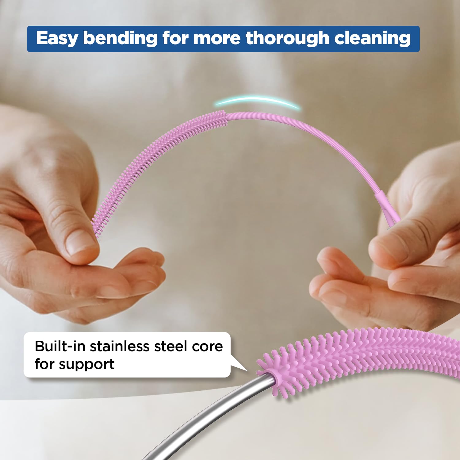 YOTIME Silicone Straw Cleaner Brush, 2Pcs Reusable Straw Brush Extra Long for Cleaning Glass Metal Smoothie Straws and Straw Cups, Non-slip Handle Soft and Bendable, 6mm+9mm, Pink