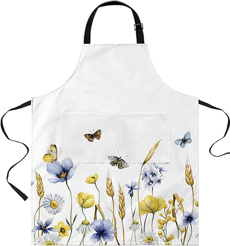 Miniatura 1 de ZOE STORE Delantales florales de primavera con bolsillos, impermeable, delantal ajustable para hombres y mujeres, tulipán azul amarillo botánico de